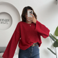 Red Round Neck Pullover With Bell Sleeves
