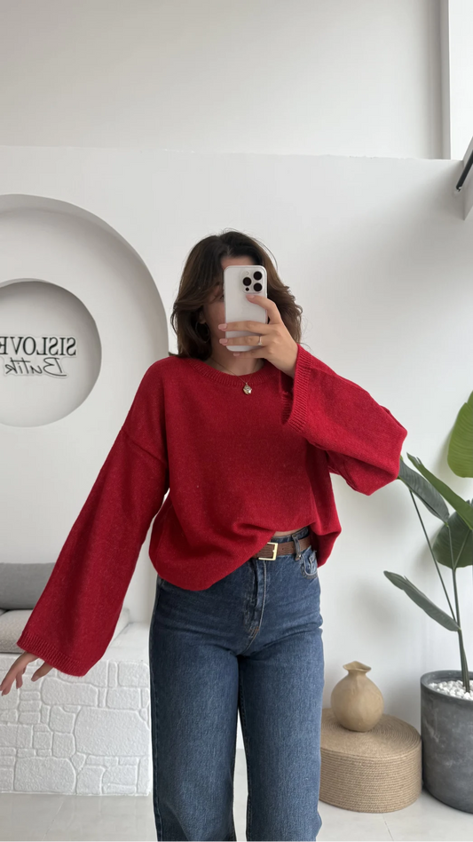 Red Round Neck Pullover With Bell Sleeves
