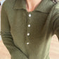 Olive Green Polo Pullover With Rhinestone Buttons