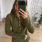 Olive Green Polo Pullover With Rhinestone Buttons