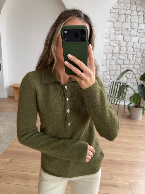 Olive Green Polo Pullover With Rhinestone Buttons