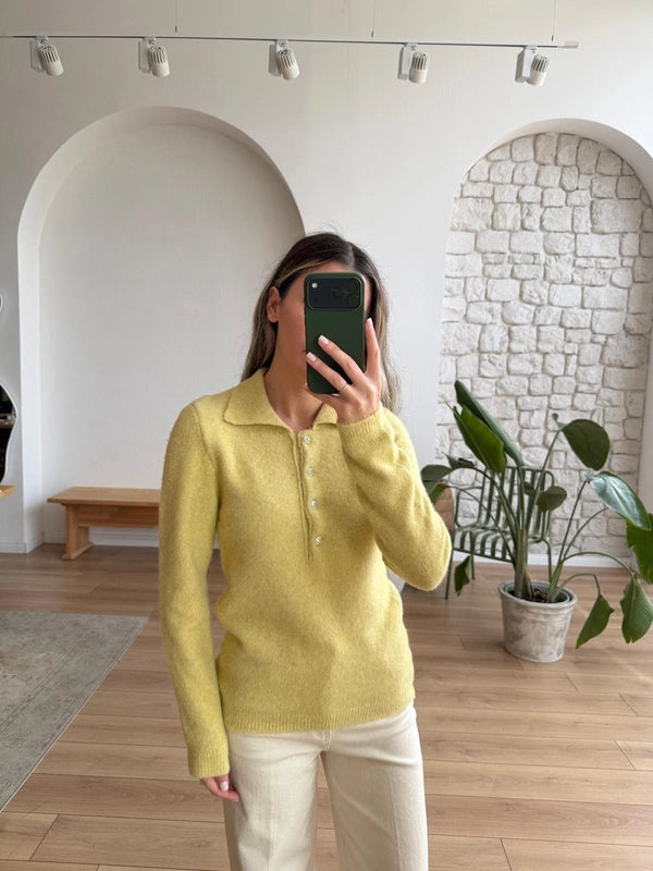 Lime Yellow Polo Pullover With Rhinestone Buttons