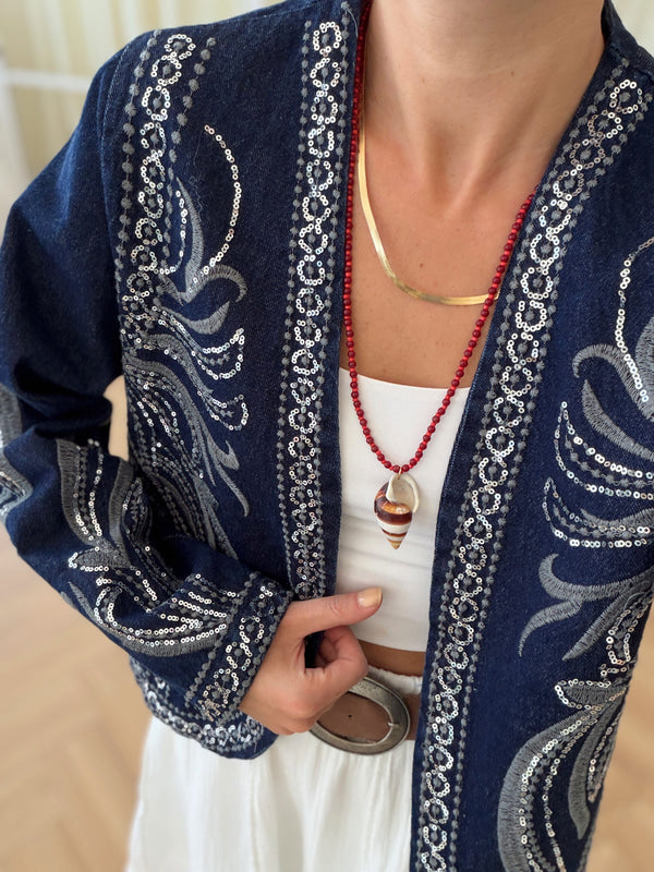 Dark Blue Sequined Denim Jacket
