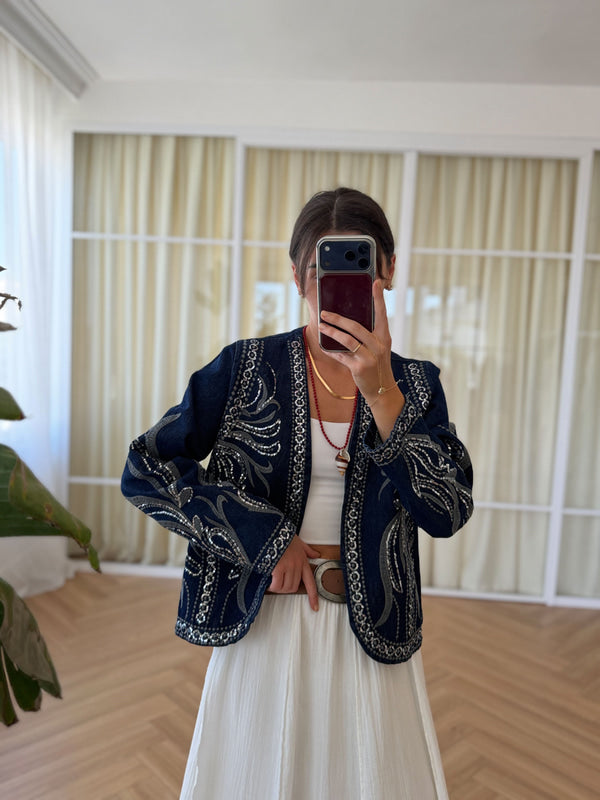 Dark Blue Sequined Denim Jacket