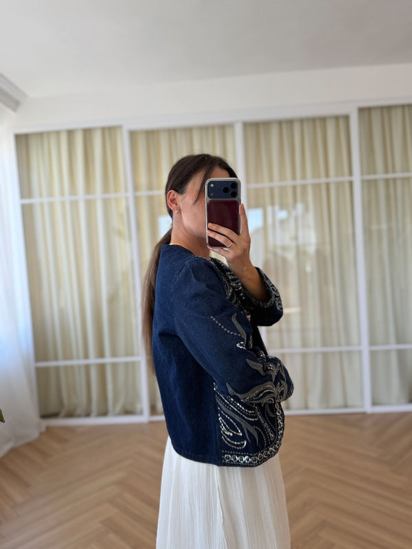 Dark Blue Sequined Denim Jacket