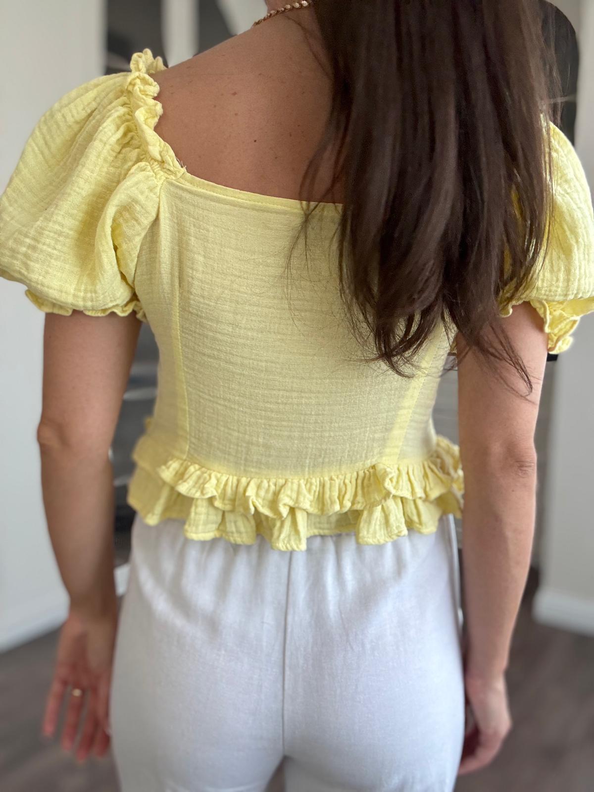 Yellow Corset Waist Half Sleeve Blouse