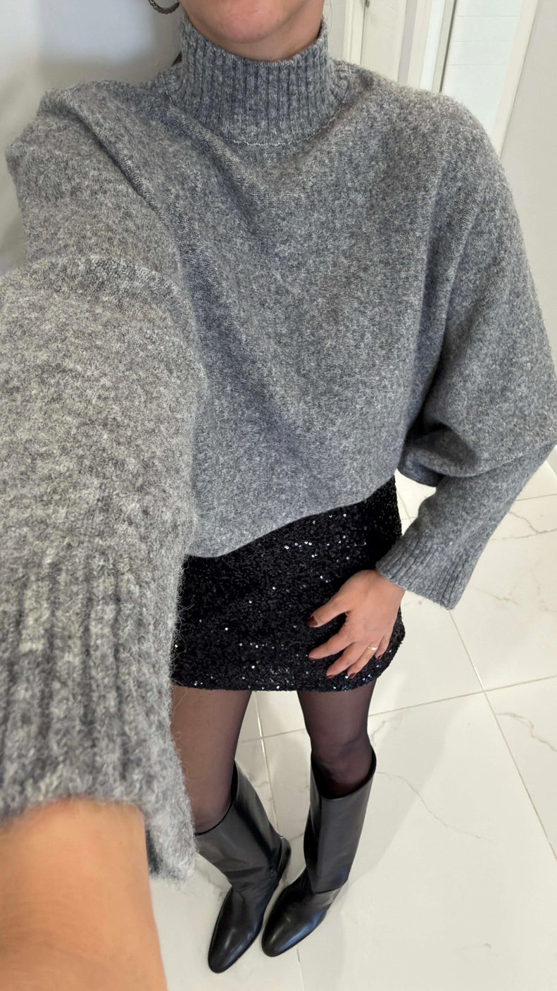 Grey Bat Sleeves High Neck Pullover