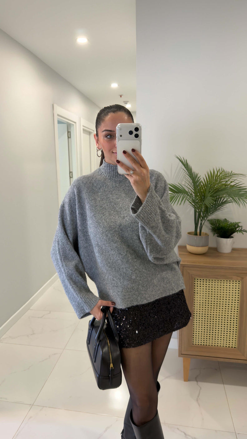 Grey Bat Sleeves High Neck Pullover