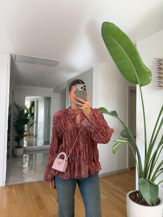 Burgundy Smocked Chiffon Vintage Blouse