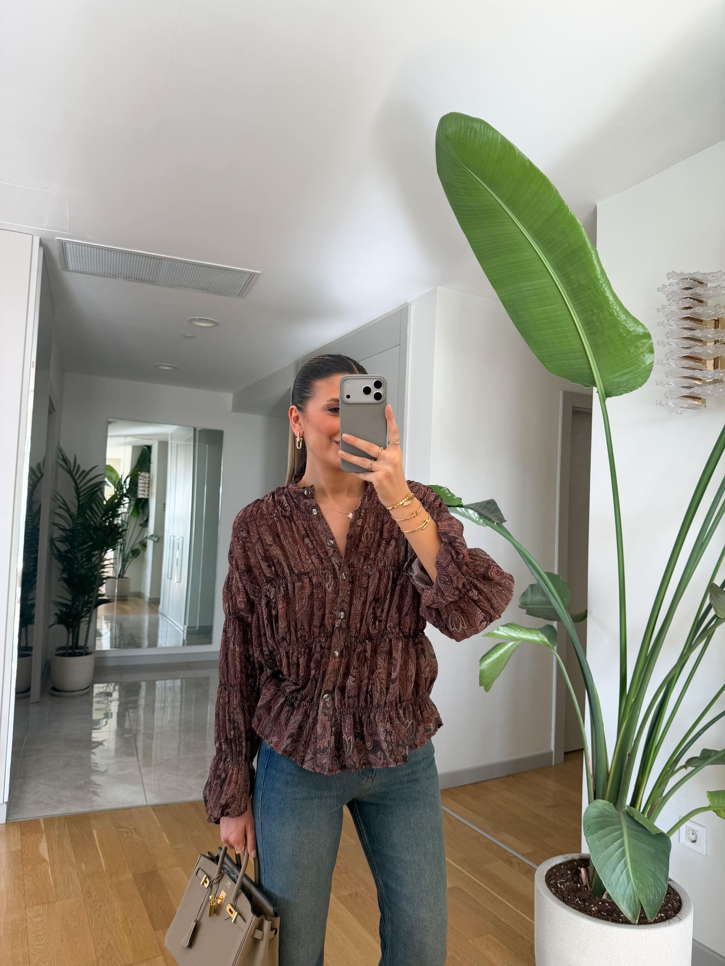 Brown Smocked Chiffon Vintage Blouse