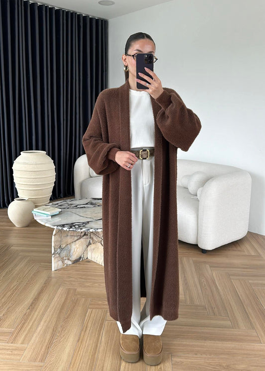 Brown Fluffy Heavy Longline Coat Cardigan
