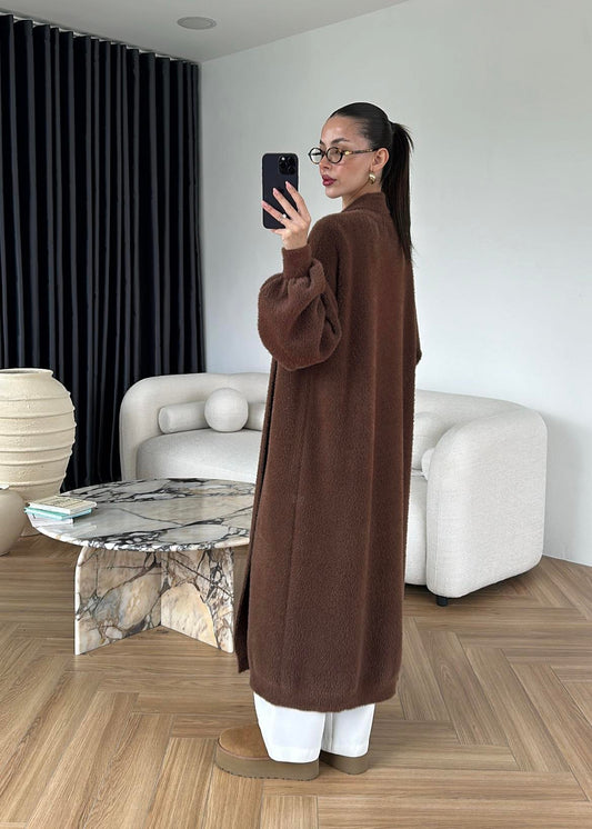 Brown Fluffy Heavy Longline Coat Cardigan