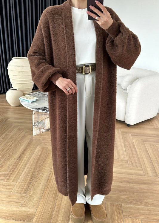 Brown Fluffy Heavy Longline Coat Cardigan