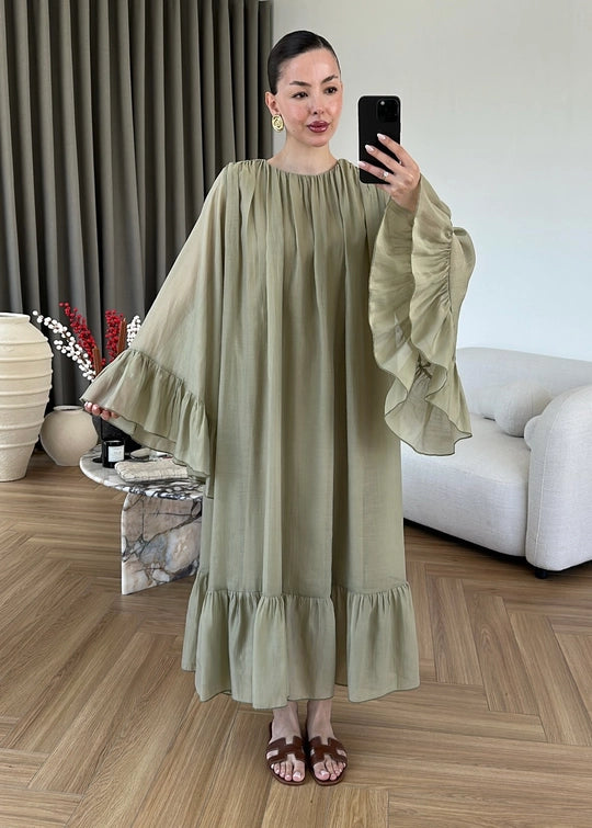 Olive Ruffles Chiffon Dress With Scarf