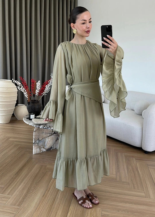 Olive Ruffles Chiffon Dress With Scarf