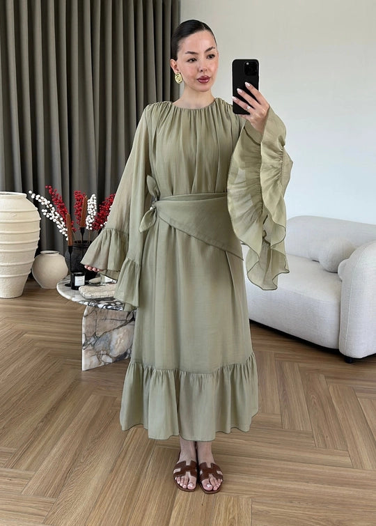 Olive Ruffles Chiffon Dress With Scarf