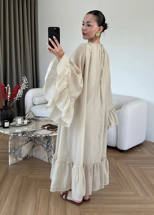 Beige Ruffles Chiffon Dress With Scarf