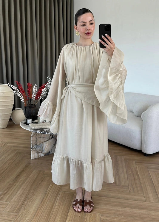 Beige Ruffles Chiffon Dress With Scarf