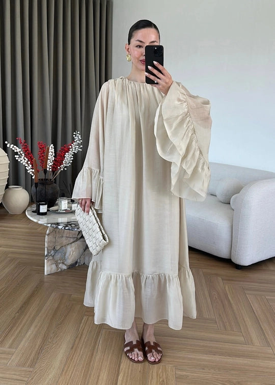 Beige Ruffles Chiffon Dress With Scarf