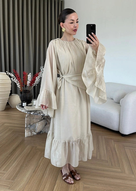 Beige Ruffles Chiffon Dress With Scarf