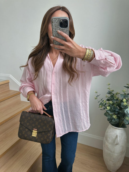 Pink Striped Linen V Neck Shirt