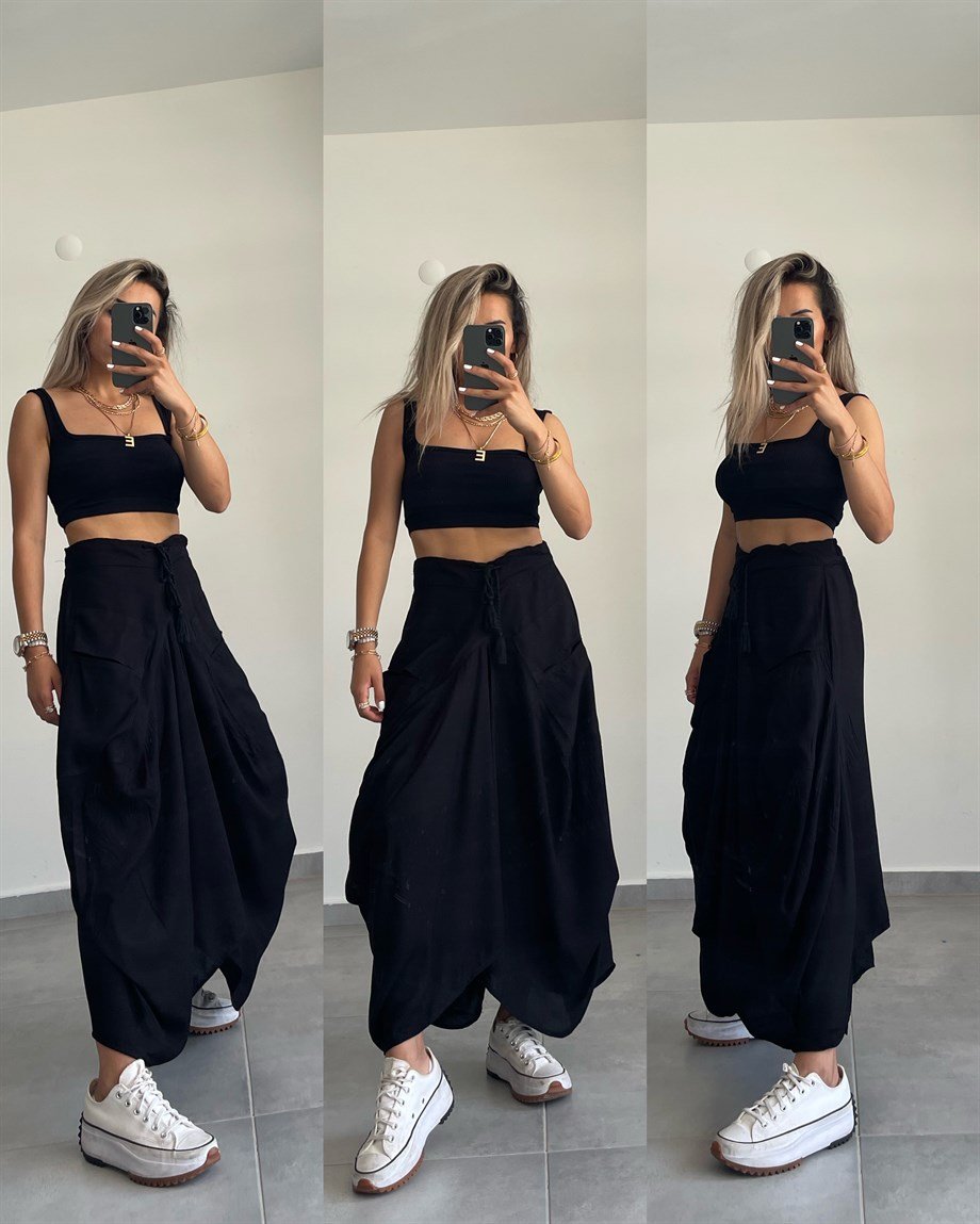 Black Boho Wide Skirt With Tassels