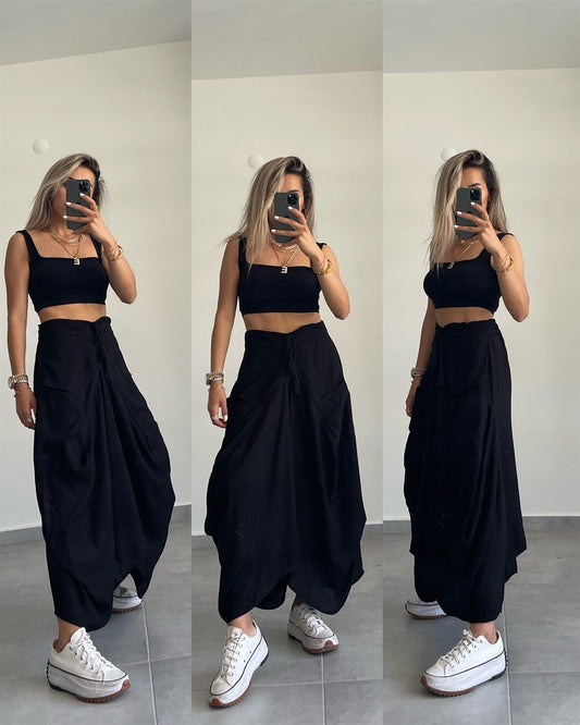 Black Boho Wide Skirt With Tassels