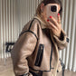Cafe Faux Leather Jacket With Pockets & Belt