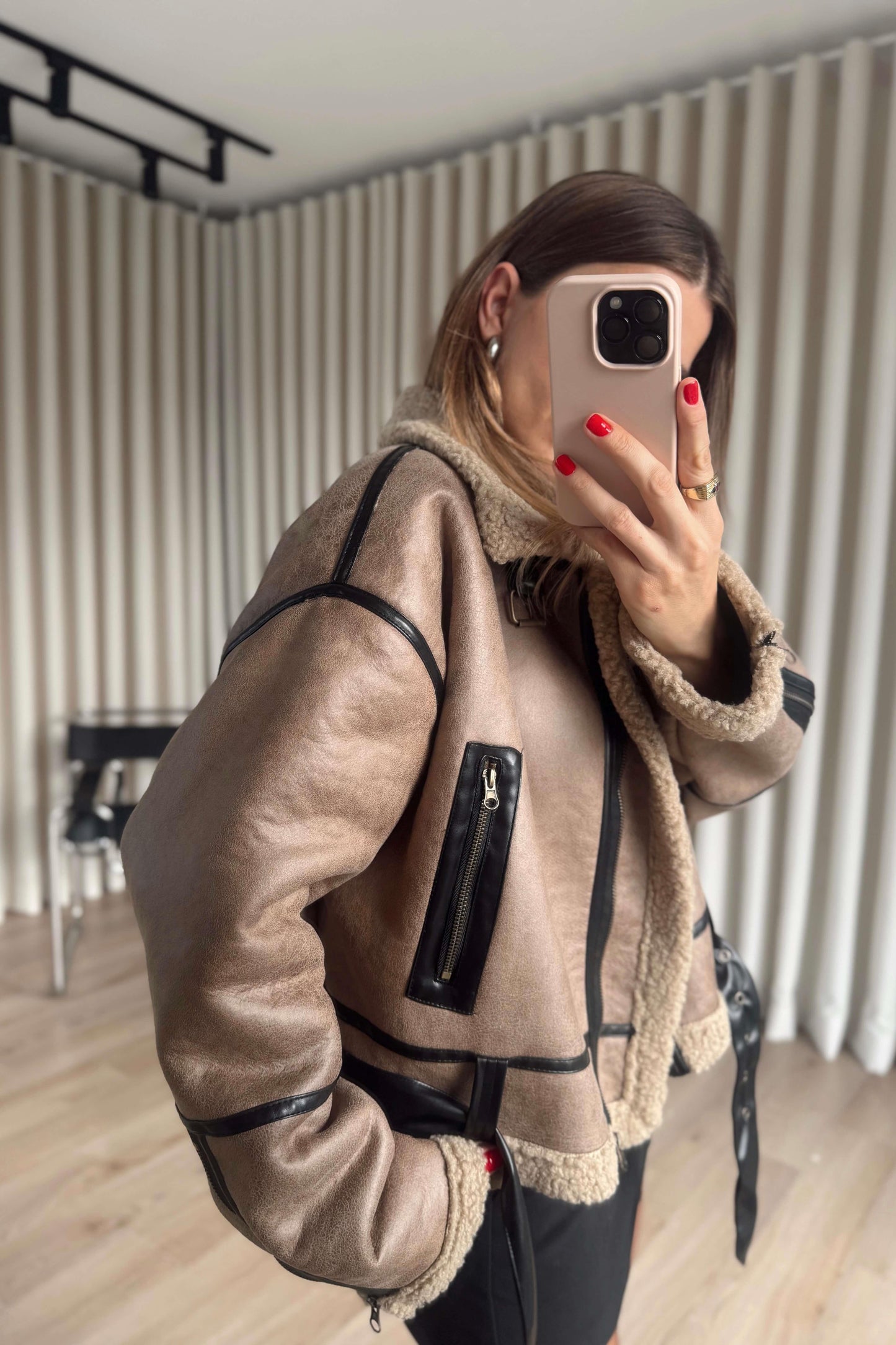 Cafe Faux Leather Jacket With Pockets & Belt
