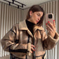 Cafe Faux Leather Jacket With Pockets & Belt