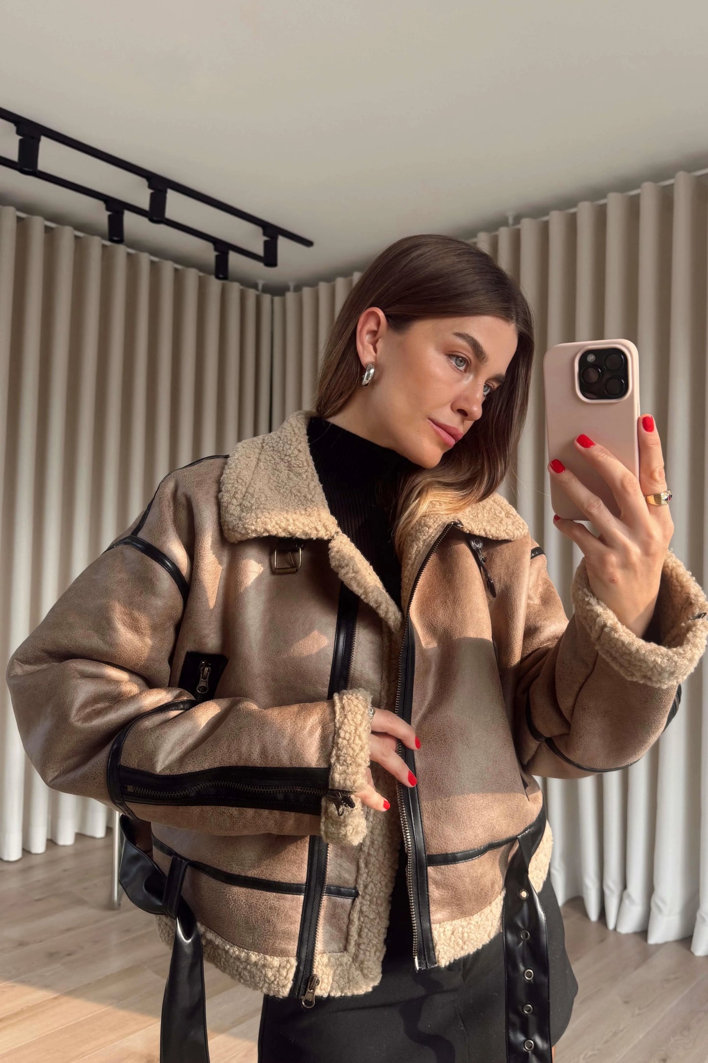 Cafe Faux Leather Jacket With Pockets & Belt
