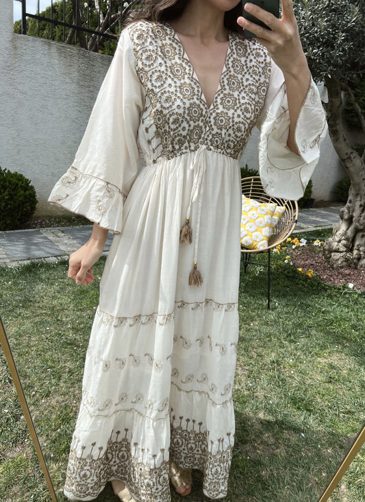White Brown Embroidered Cut Out Dress With Tassel