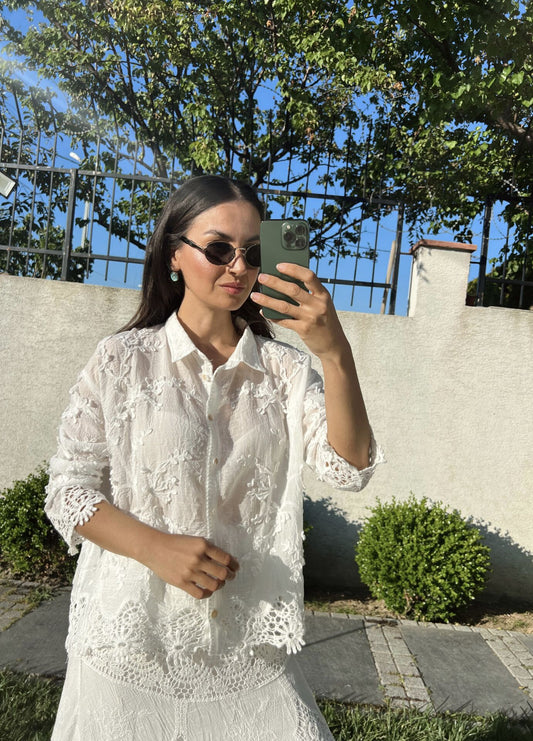 Cotton White Embroidered Floral Shirt With Dantel