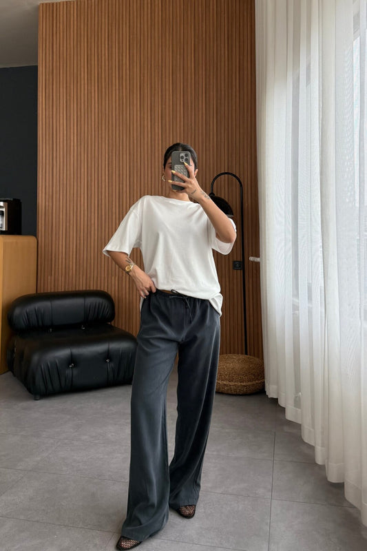 Washed Grey Wide Pants With Elastic Waist