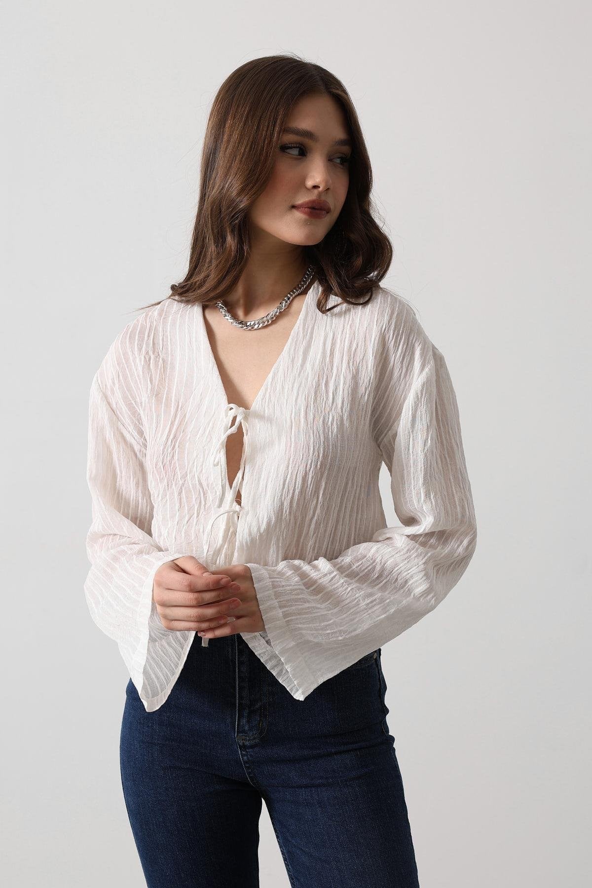 White Striped BLouse With Front Ties