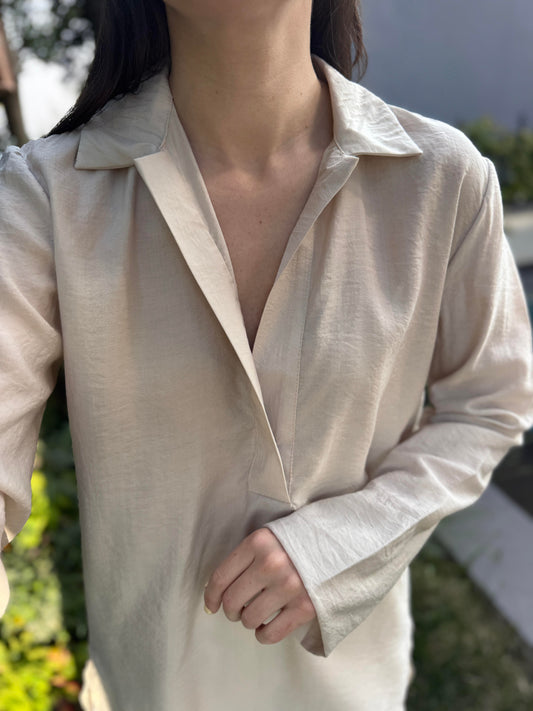 Beige V Neck Collar Blouse