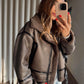 Brown Faux Leather Jacket With Pockets & Belt