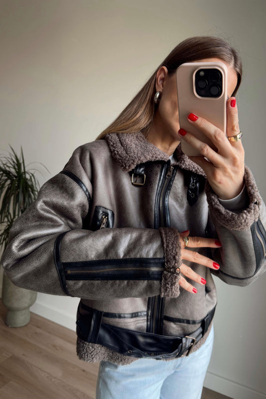 Brown Faux Leather Jacket With Pockets & Belt