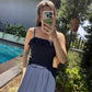 Navy Blue Cotton Straps Dress With Ruffles