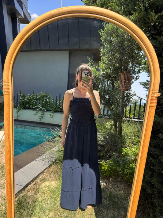 Navy Blue Cotton Straps Dress With Ruffles