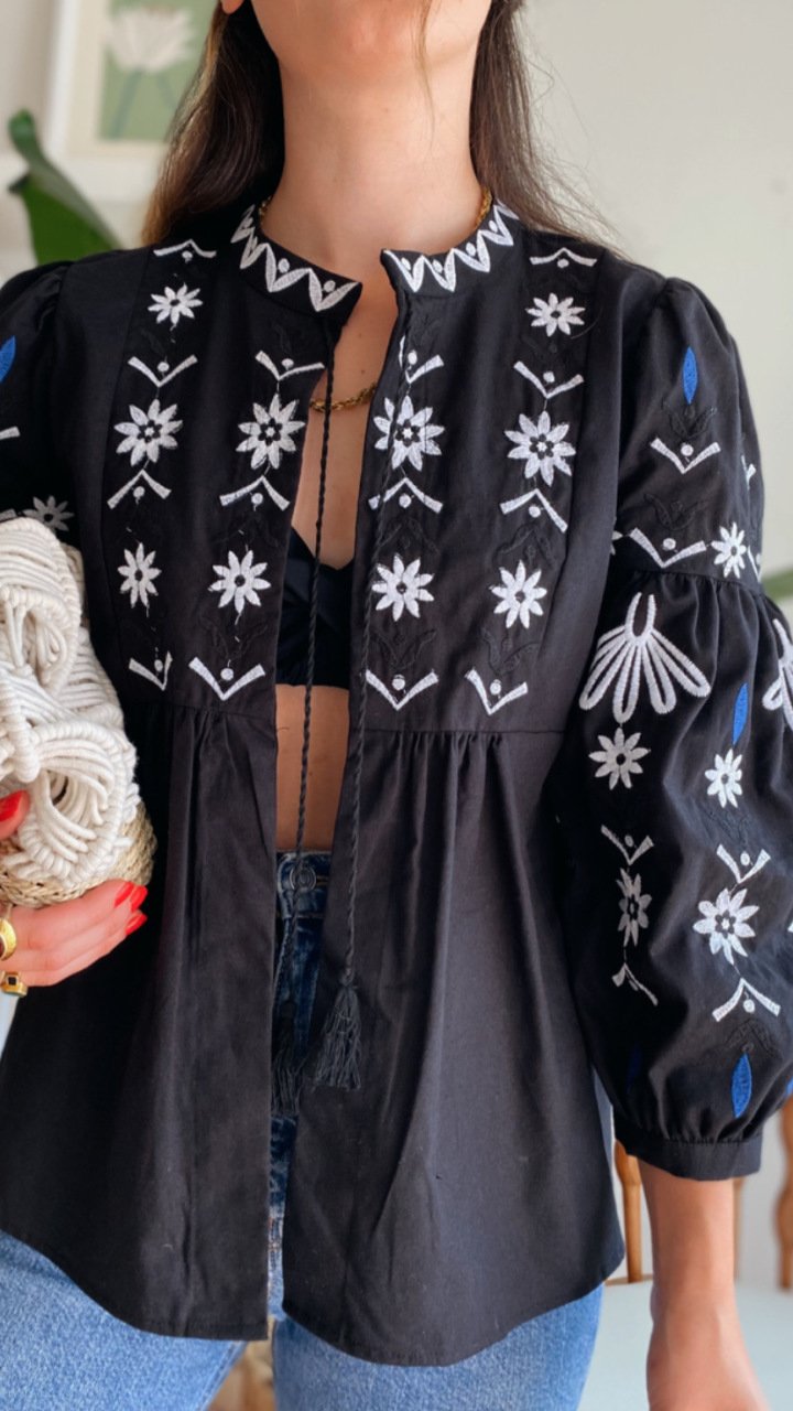 Cotton Embroidered Black X Blue Cardigan