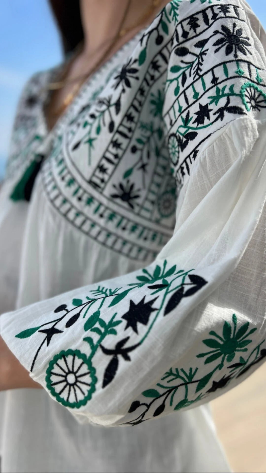 Embroidered Green Tasseled Blouse