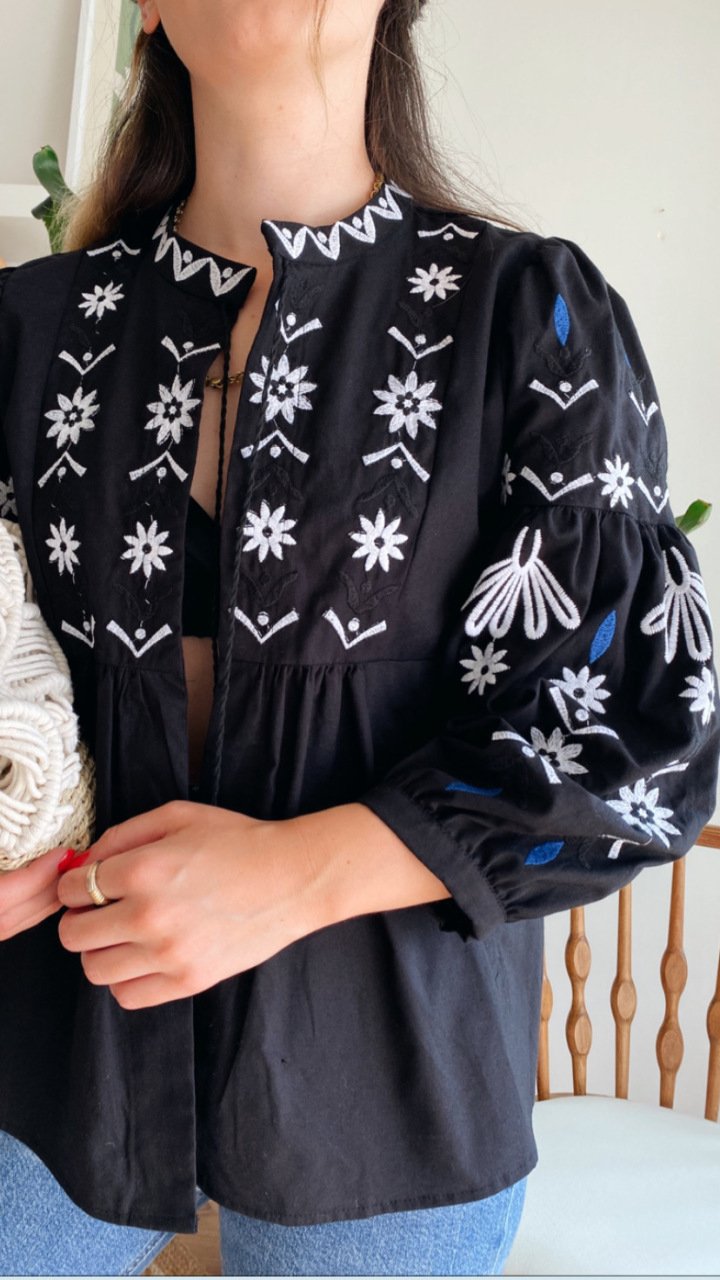 Cotton Embroidered Black X Blue Cardigan