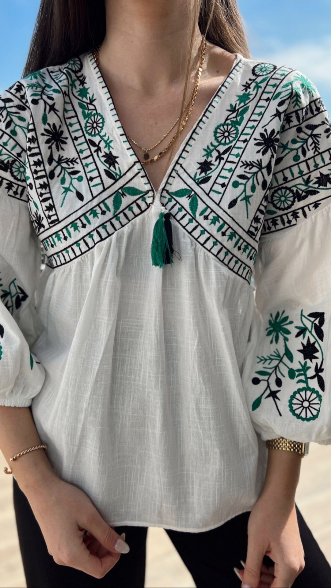 Embroidered Green Tasseled Blouse