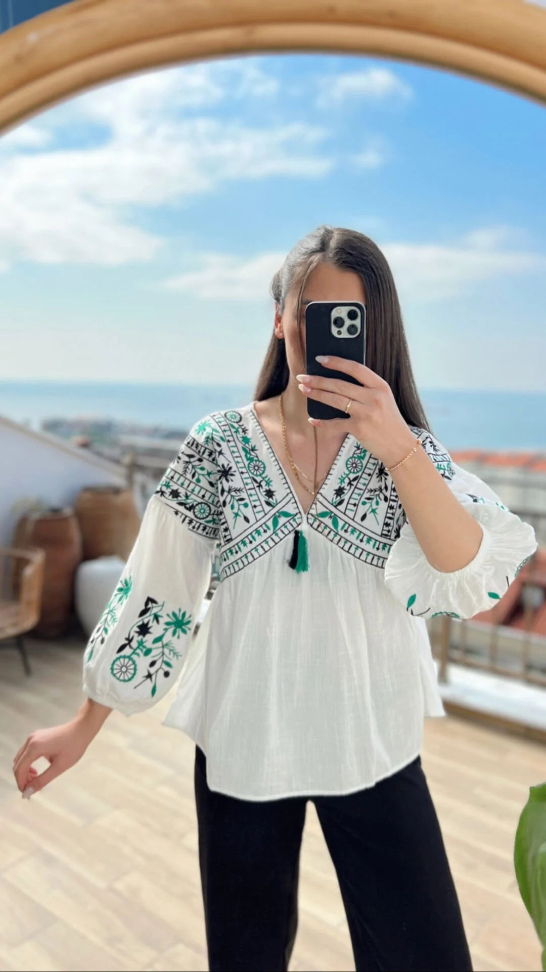Embroidered Green Tasseled Blouse